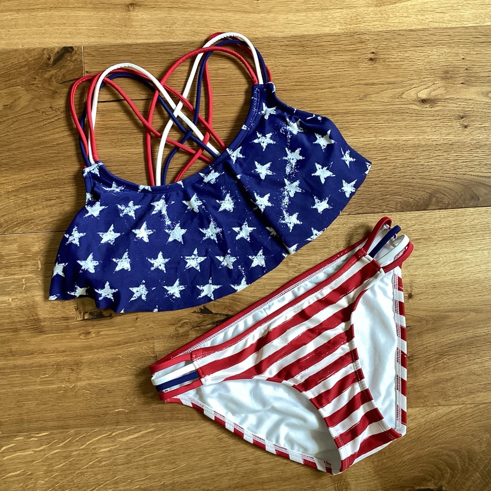 Red white and blue bikini bathing suit.